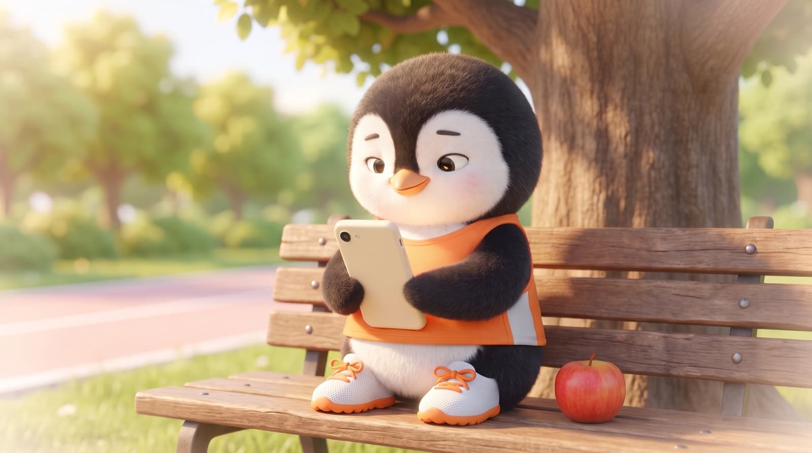 The Just5K penguin sits on a park bench looking at its phone, comparing running apps, a red apple beside it