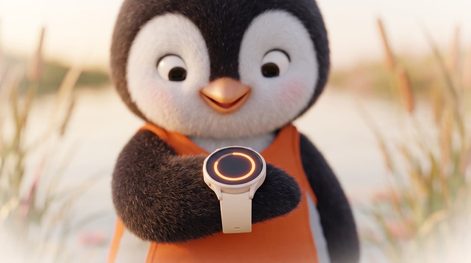 Close-up of the Just5K penguin looking at a round smartwatch on its flipper