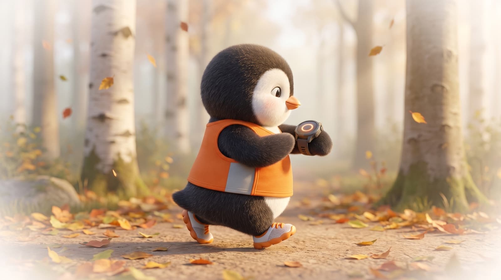 The Just5K penguin jogs along a misty autumn forest trail, glancing at a chunky round sports watch on its flipper