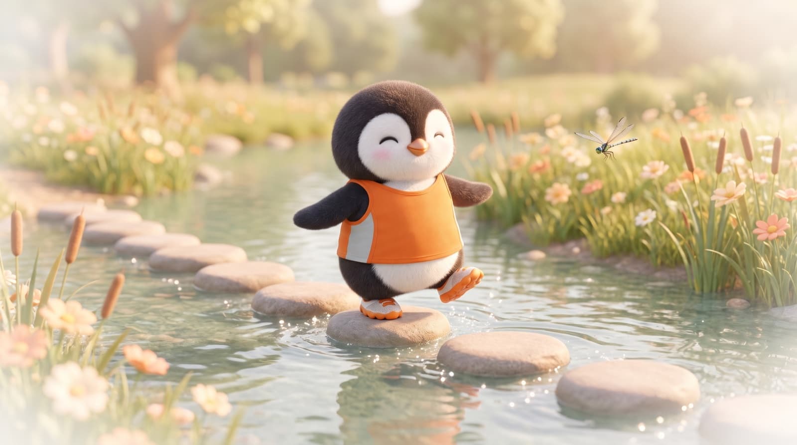 The Just5K penguin crosses a meadow stream on a line of evenly spaced stepping stones