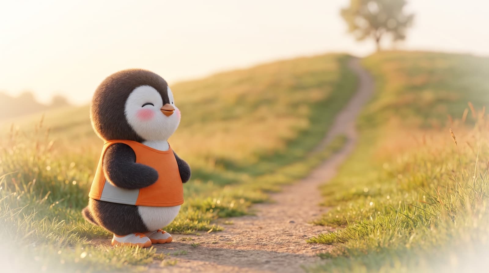 The Just5K penguin catches its breath at the bottom of a long grassy hill