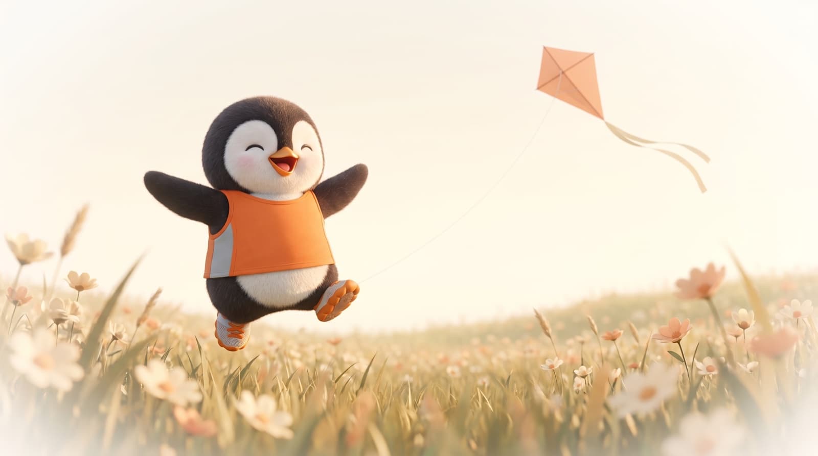 The Just5K penguin leaps for joy above a summer meadow, a kite in the sky