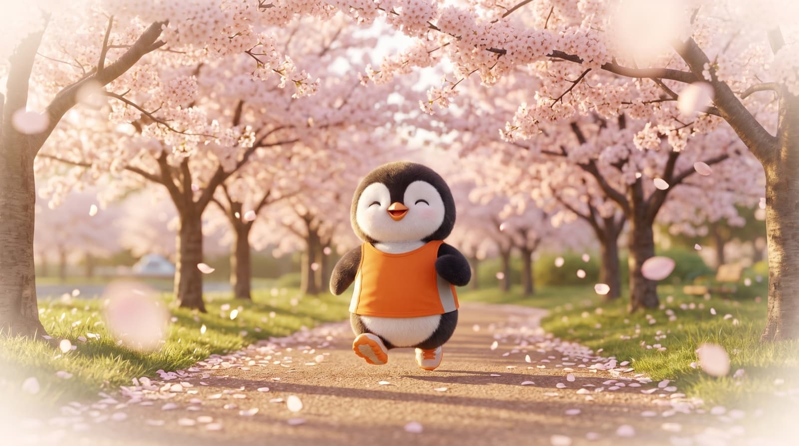 The Just5K penguin jogs at an easy pace down an avenue of cherry blossoms