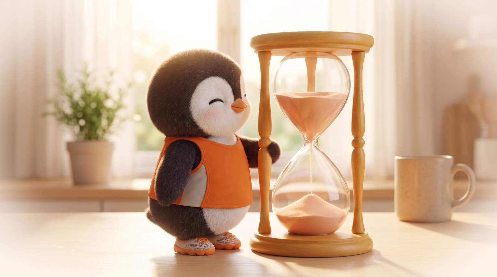 The Just5K penguin stands on a sunny kitchen table watching the sand run through a large hourglass