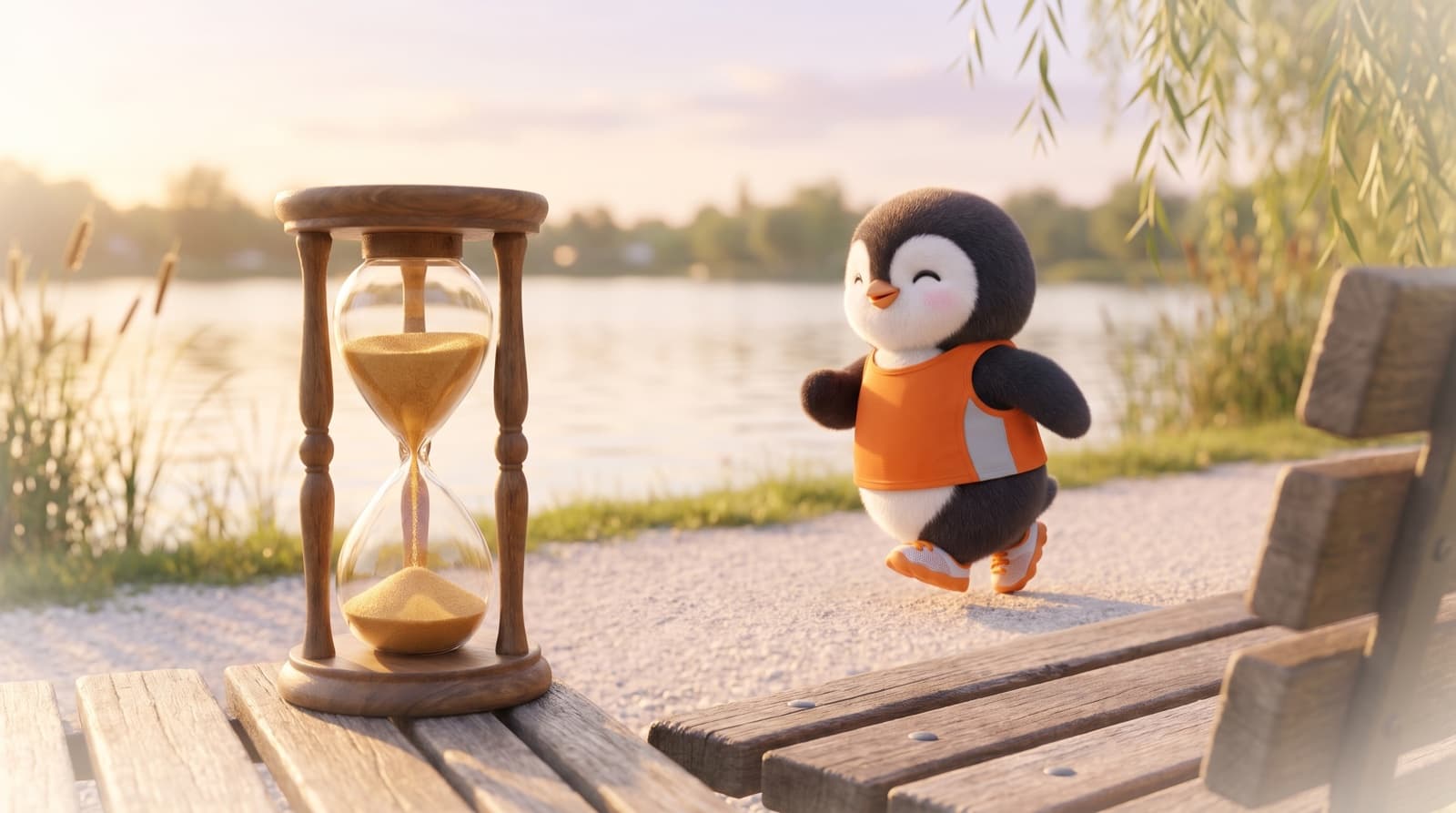 A wooden hourglass on a park bench by a lake at golden hour, the Just5K penguin jogging past in the background