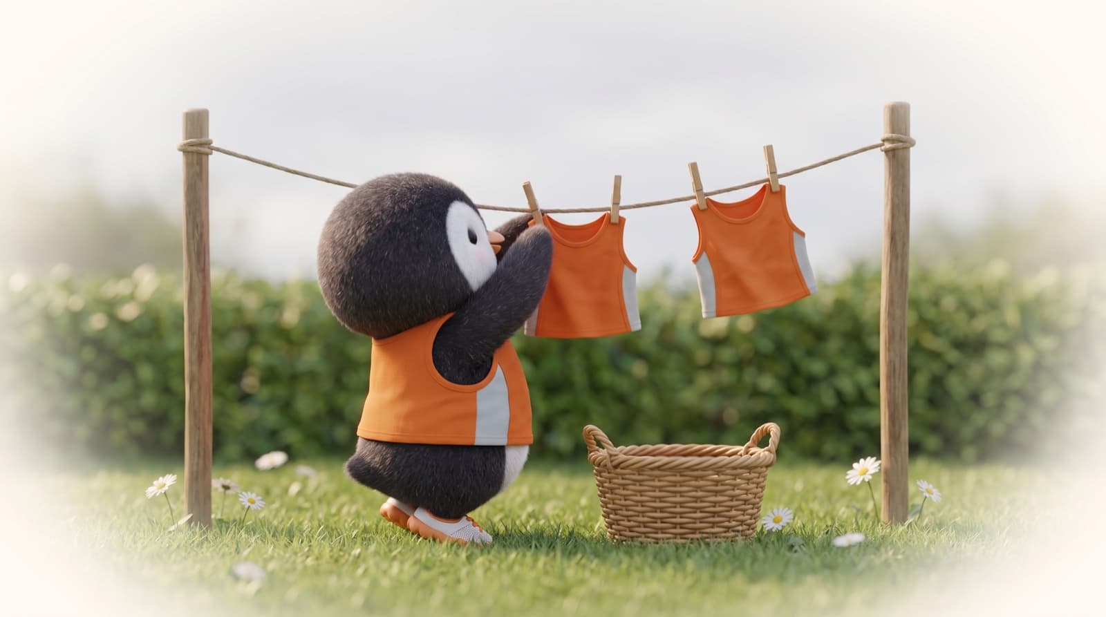 The Just5K penguin pins a small orange running top to a garden clothesline, another one already hanging, a wicker basket on the grass