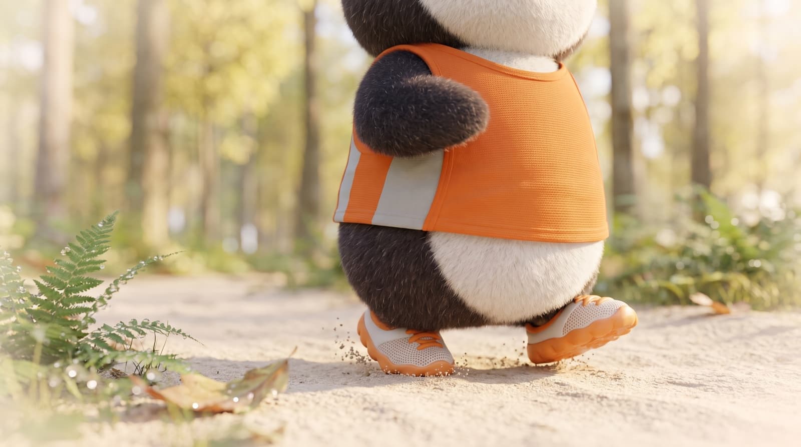 Close to the ground on a sandy forest trail, the Just5K penguin's running shoe lands softly right under its body