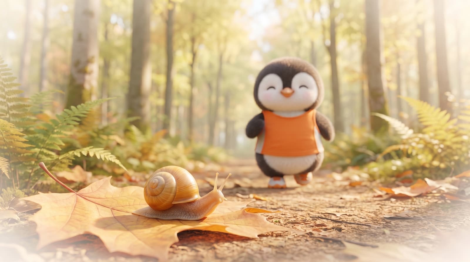 A snail on a leaf in the foreground and the Just5K penguin jogging slowly behind it on a forest trail