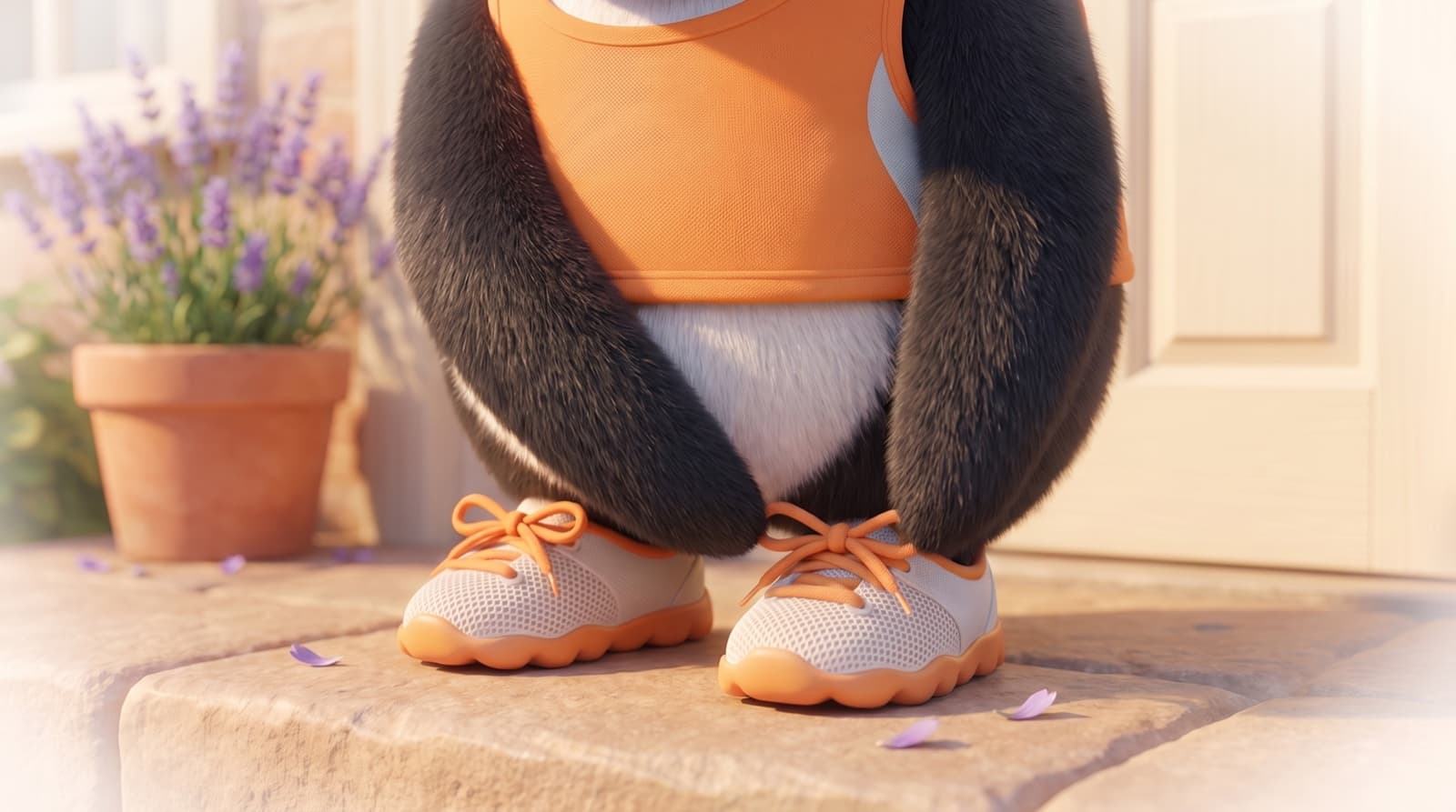The Just5K penguin finishes tying the orange laces of its running shoes on a doorstep