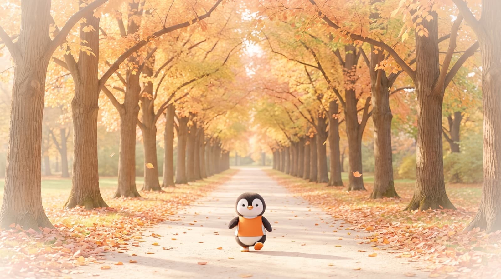 The Just5K penguin, small at the start of a long autumn avenue, takes its first step