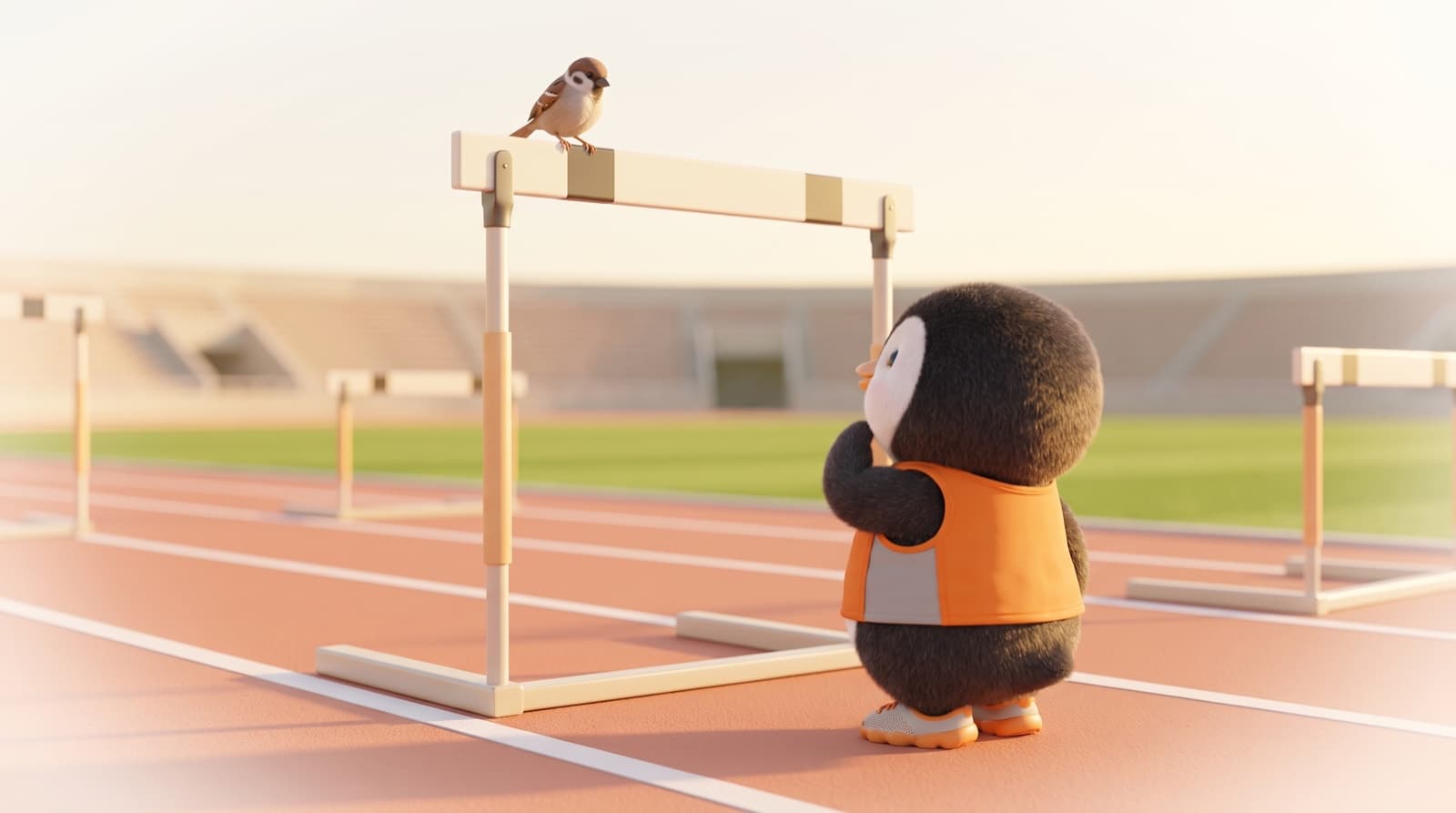 Seen from behind on a running track, the Just5K penguin looks up at a hurdle taller than itself, a sparrow perched on top