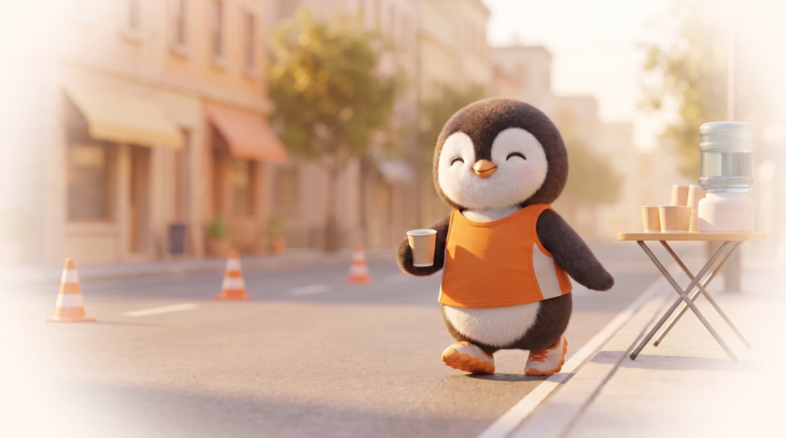 The Just5K penguin walks along an empty race course past orange cones, holding a paper cup of water