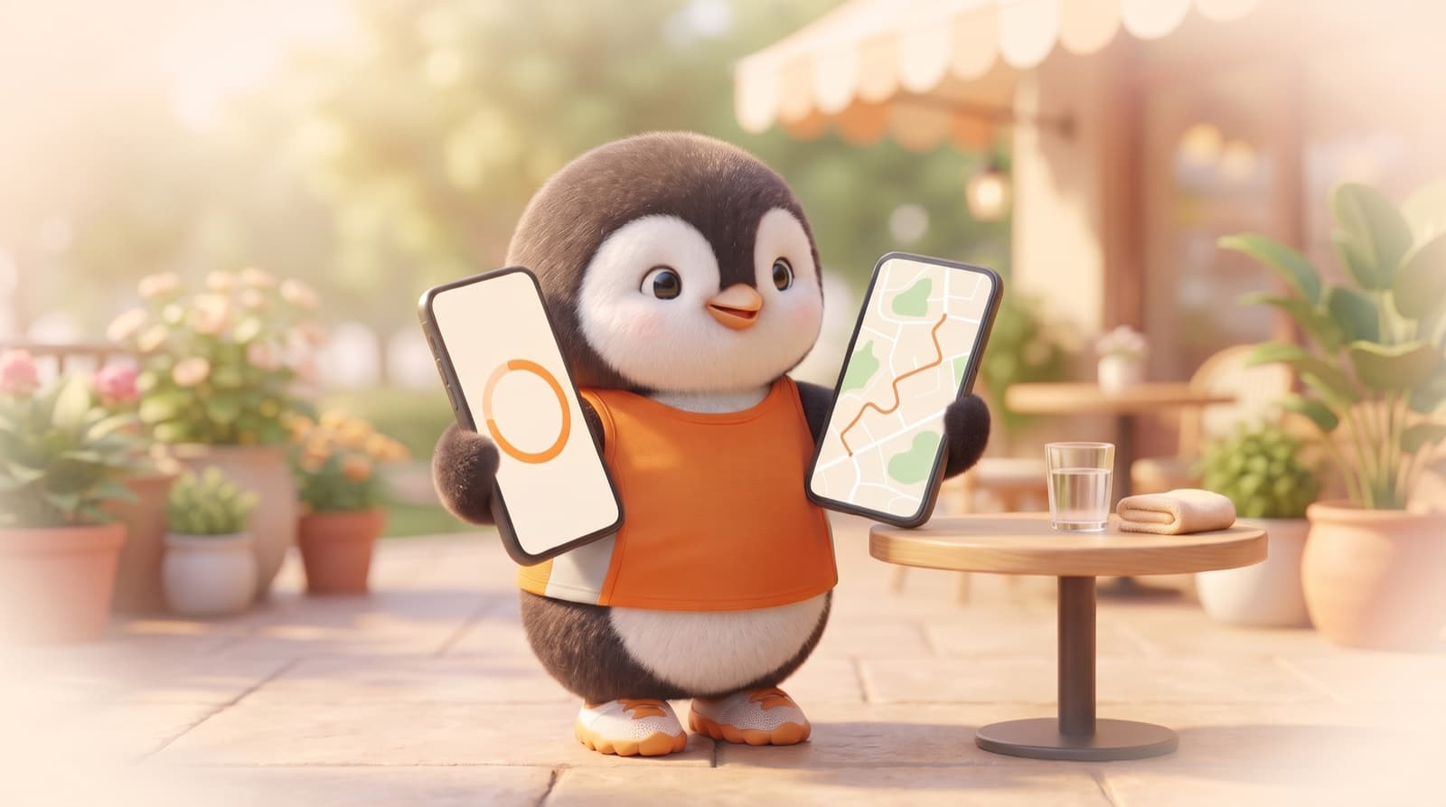 The Just5K penguin on a sunny cafe terrace holds up two identical phones, a timer ring on one and a running route on the other