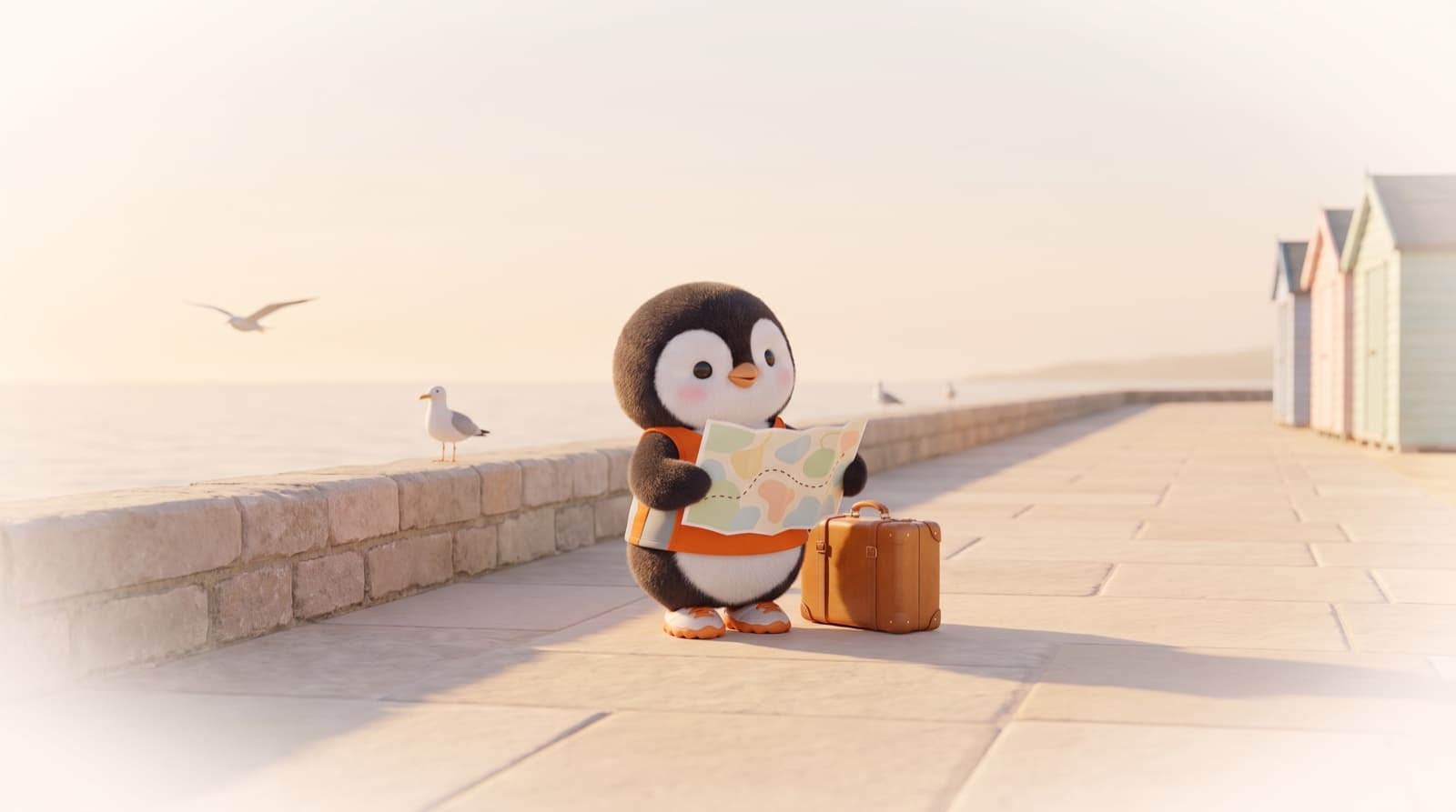 The Just5K penguin studies a paper map next to a small suitcase on a quiet seaside promenade