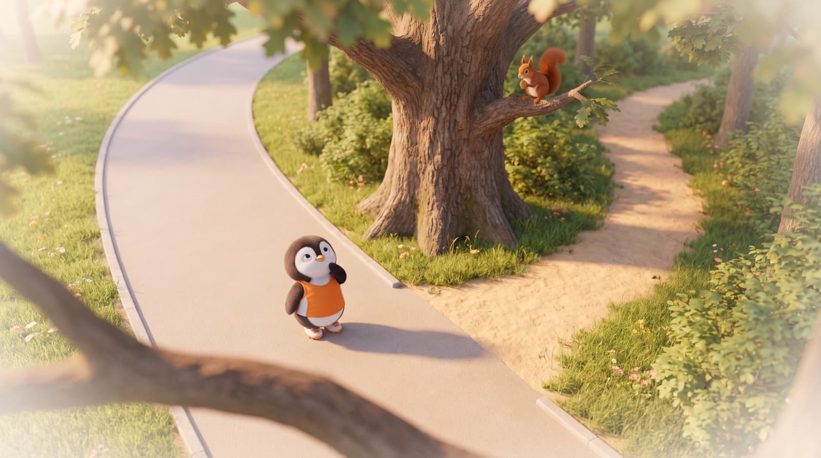 Seen from above, the Just5K penguin stands where a park path splits in two