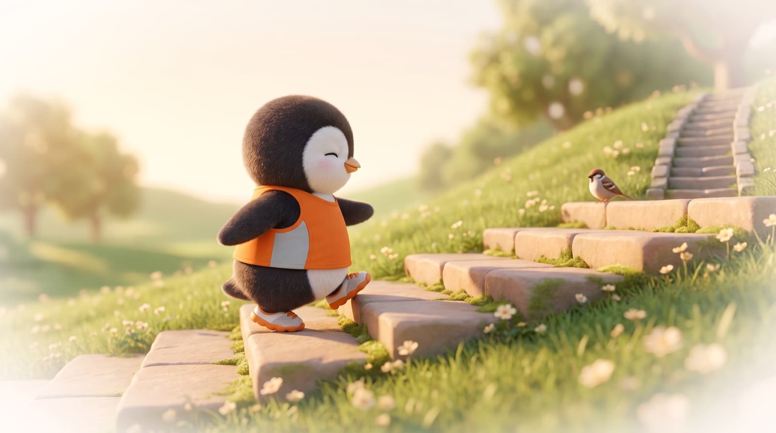 The Just5K penguin climbs a flight of low, gentle stone steps up a grassy hill, a steep stair in the distance behind it
