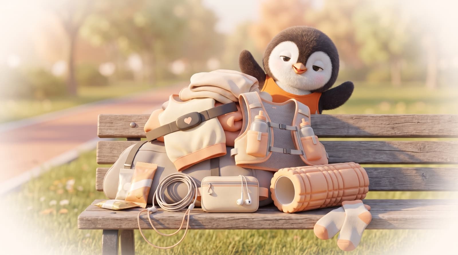 The Just5K penguin peeks over a bench piled high with running gadgets