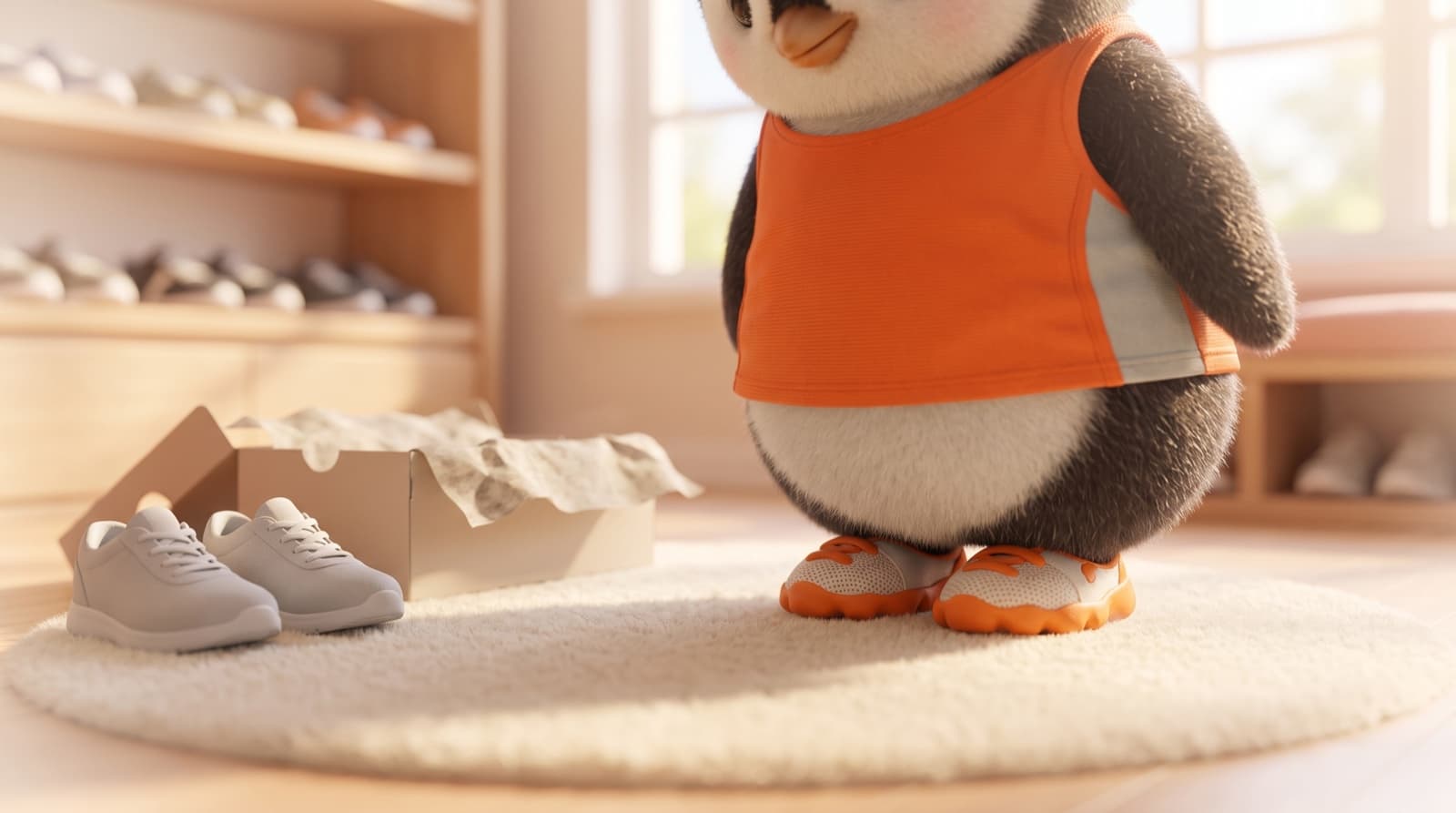 Close-up of the Just5K penguin trying on running shoes on a soft rug in a shoe shop, a plain grey pair waiting beside an open box