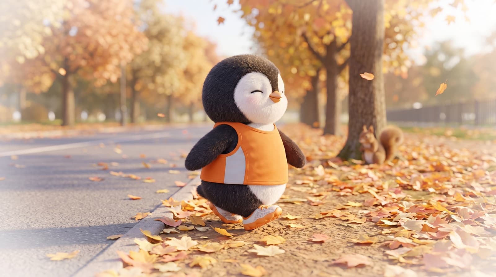 The Just5K penguin walks gently along a soft path of fallen leaves beside a hard asphalt road