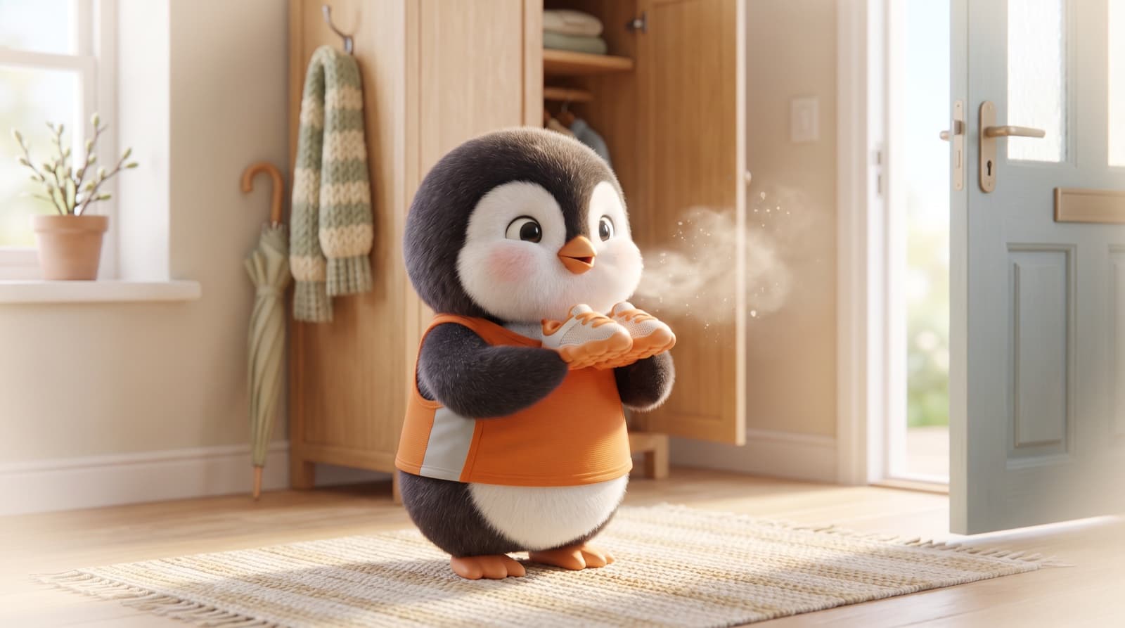 The Just5K penguin in a sunny hallway blows a puff of dust off its running shoes, the front door open behind it