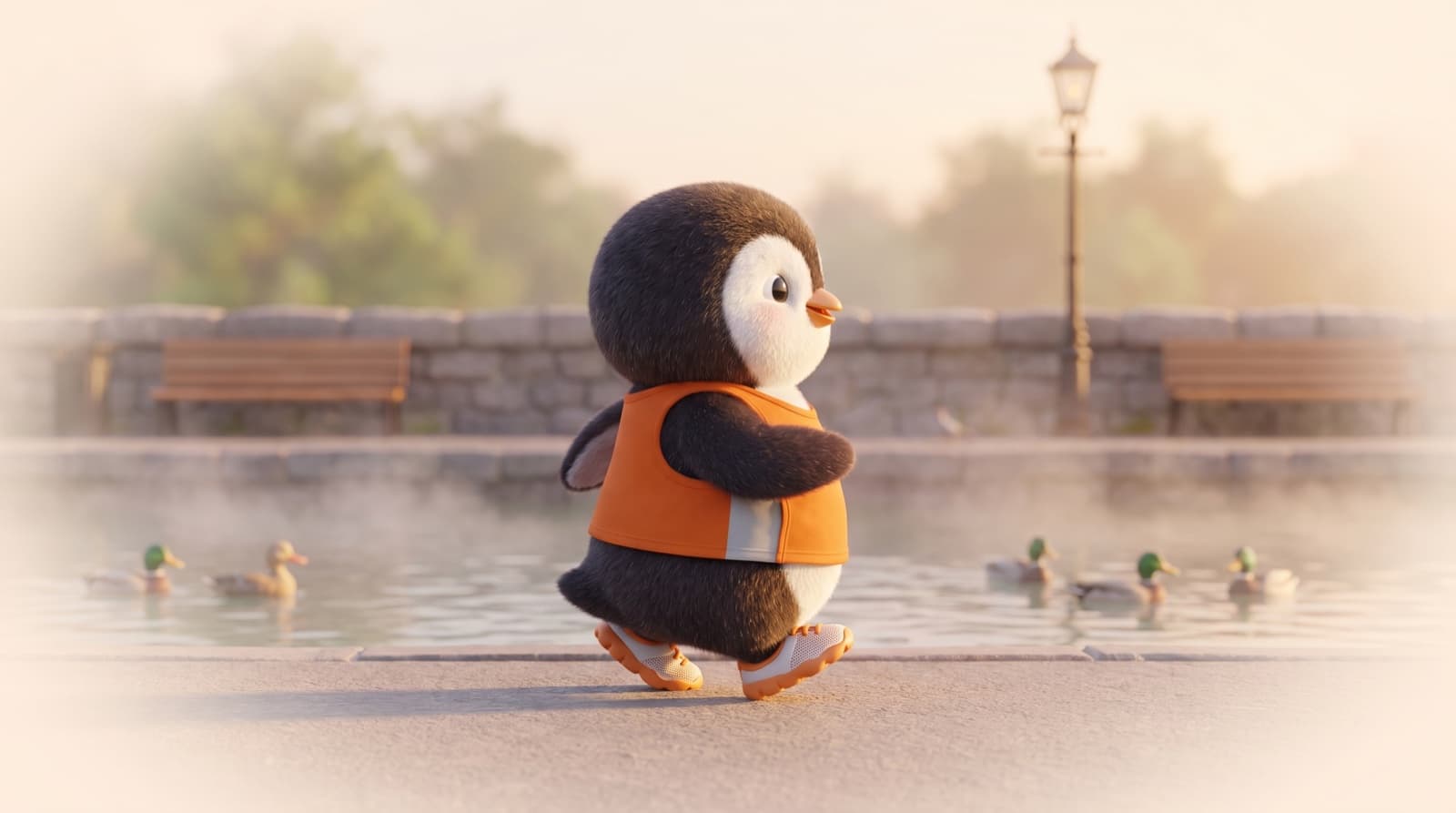 The Just5K penguin walks briskly along a misty riverside promenade at sunrise, ducks on the water behind it