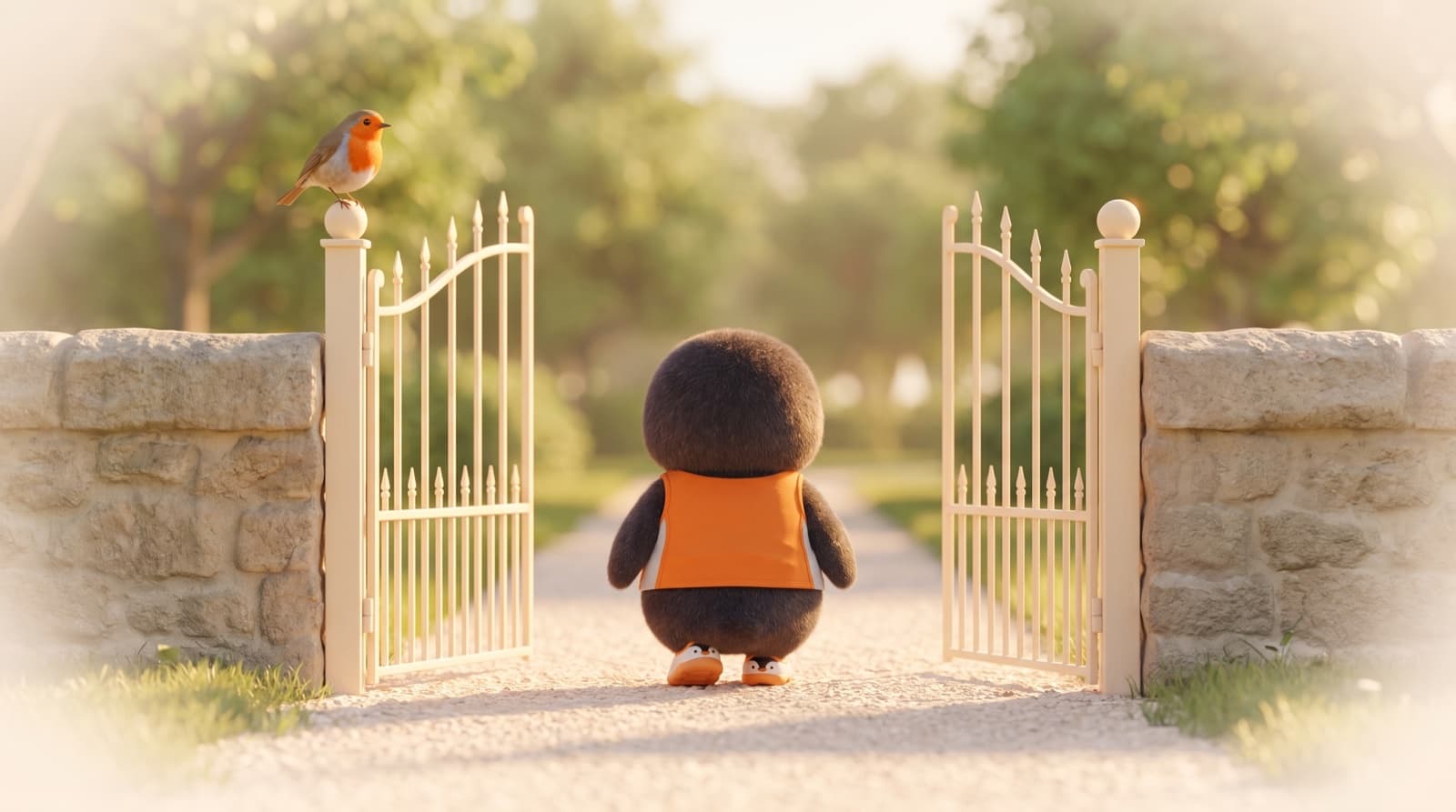 The Just5K penguin walks back into the park through an open gate, a robin on the gate