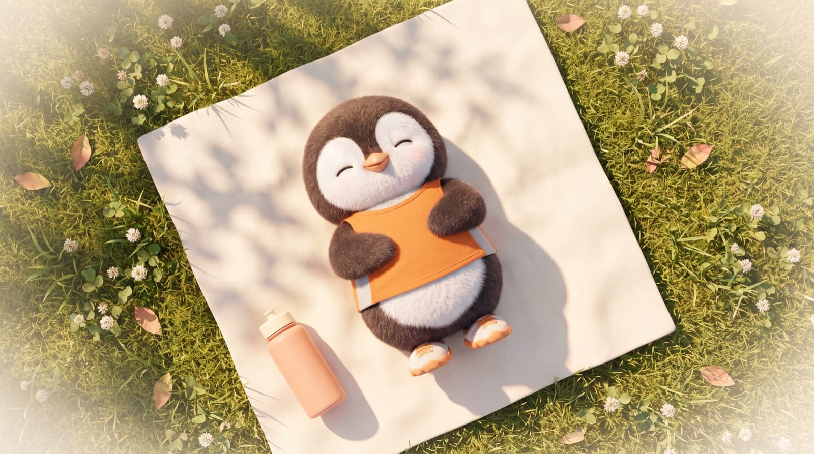The Just5K penguin naps on a picnic blanket in the grass on a rest day, seen from above