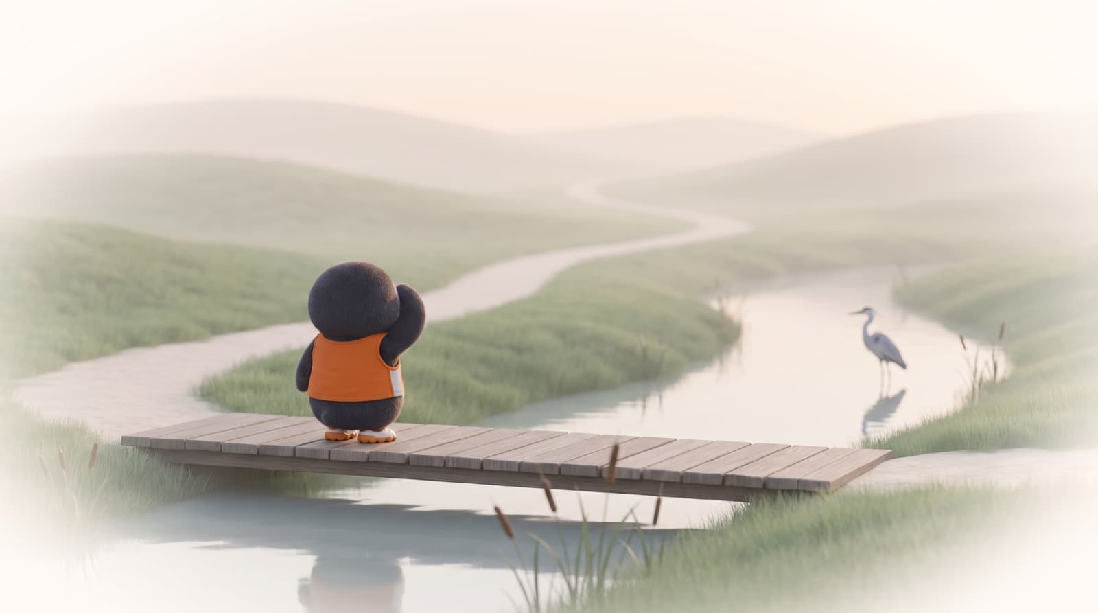 At dawn, the Just5K penguin stands on a small footbridge and looks along a path that winds far into misty hills