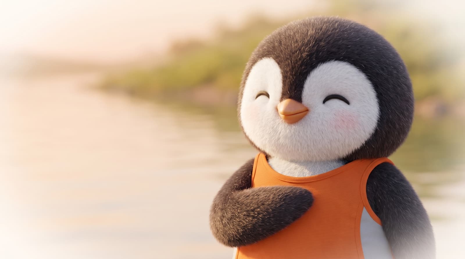 Close-up of the Just5K penguin resting a flipper on its chest after a jog by the river