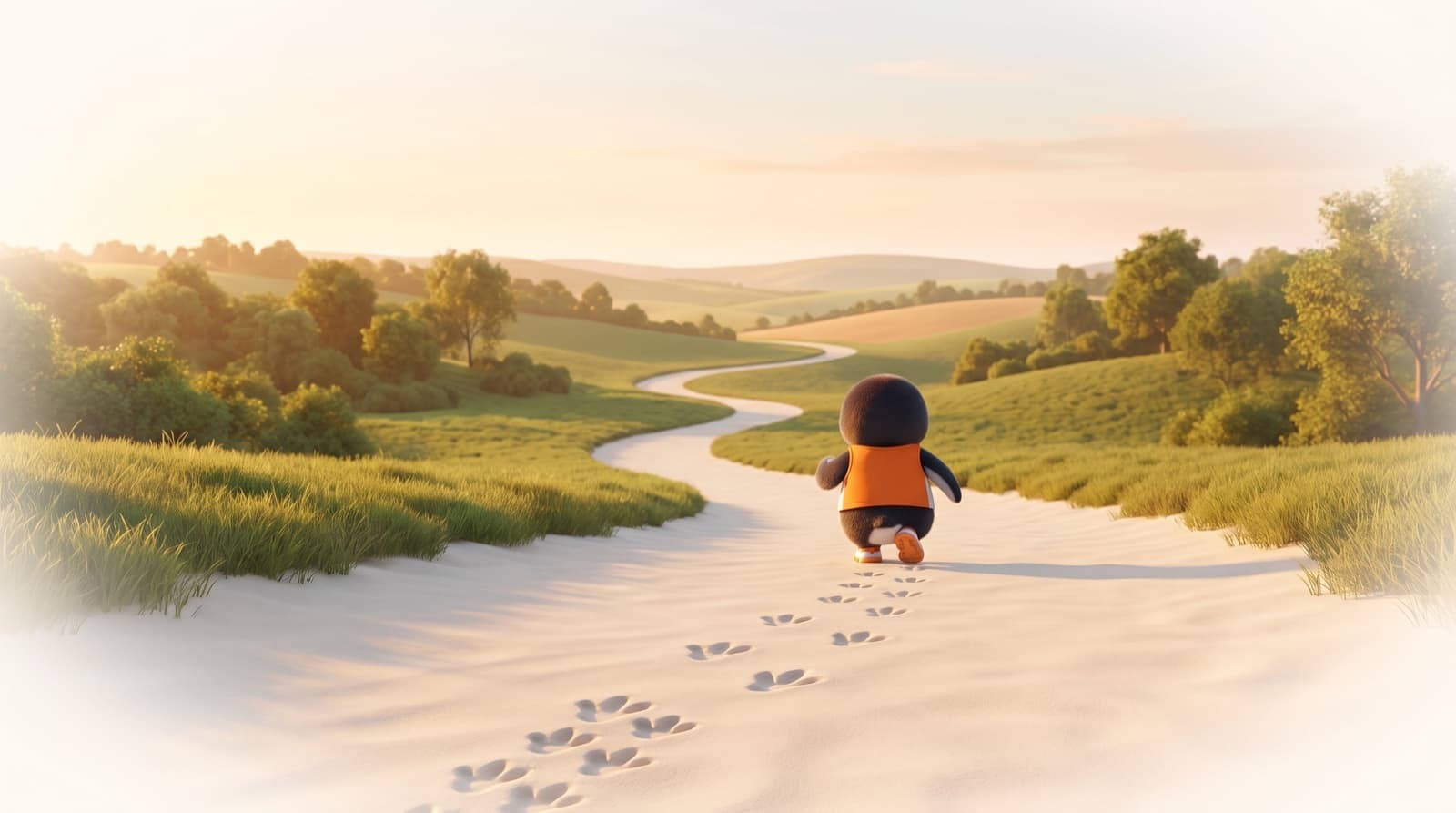 The Just5K penguin walks away along a winding path through green hills, its footprints behind it