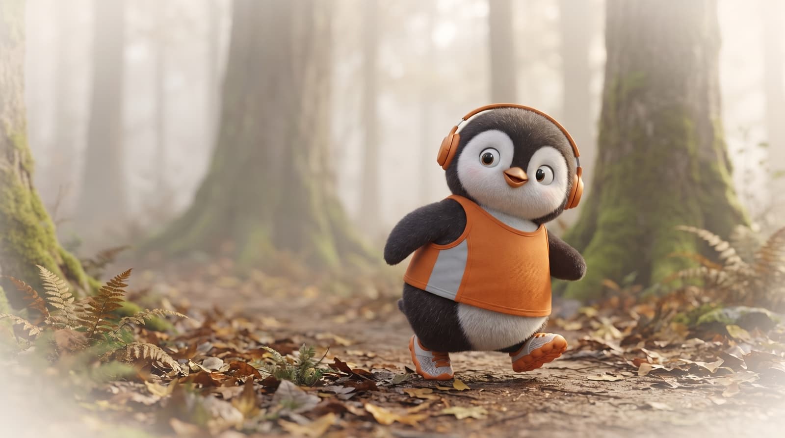 The Just5K penguin jogs along a misty forest trail wearing small orange headphones, wide-eyed and curious
