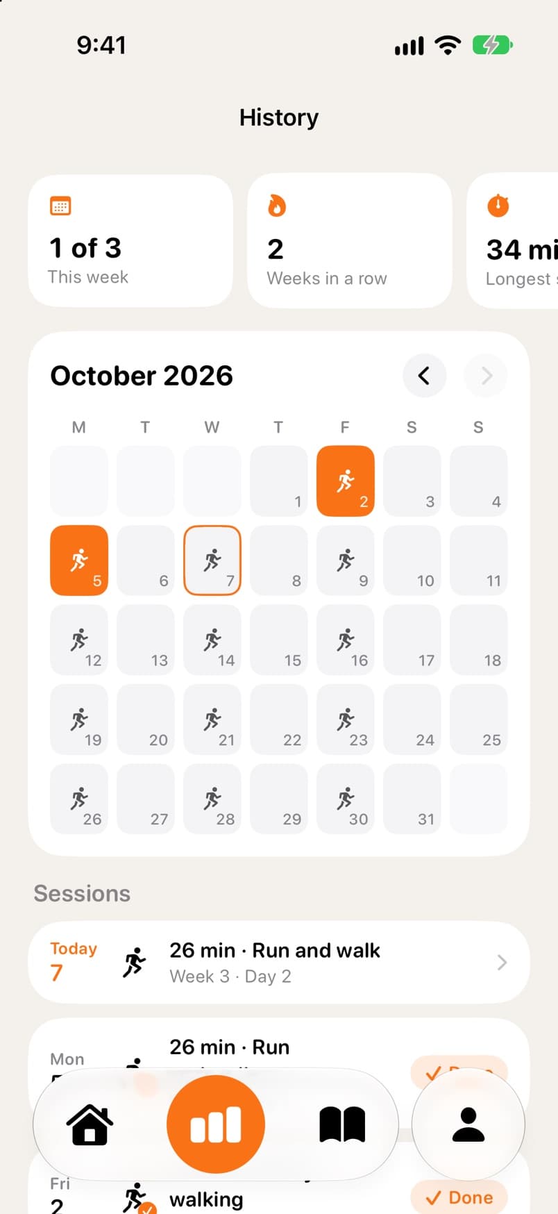 History tab: this week's count, weeks in a row, and a month calendar with the sessions done and planned