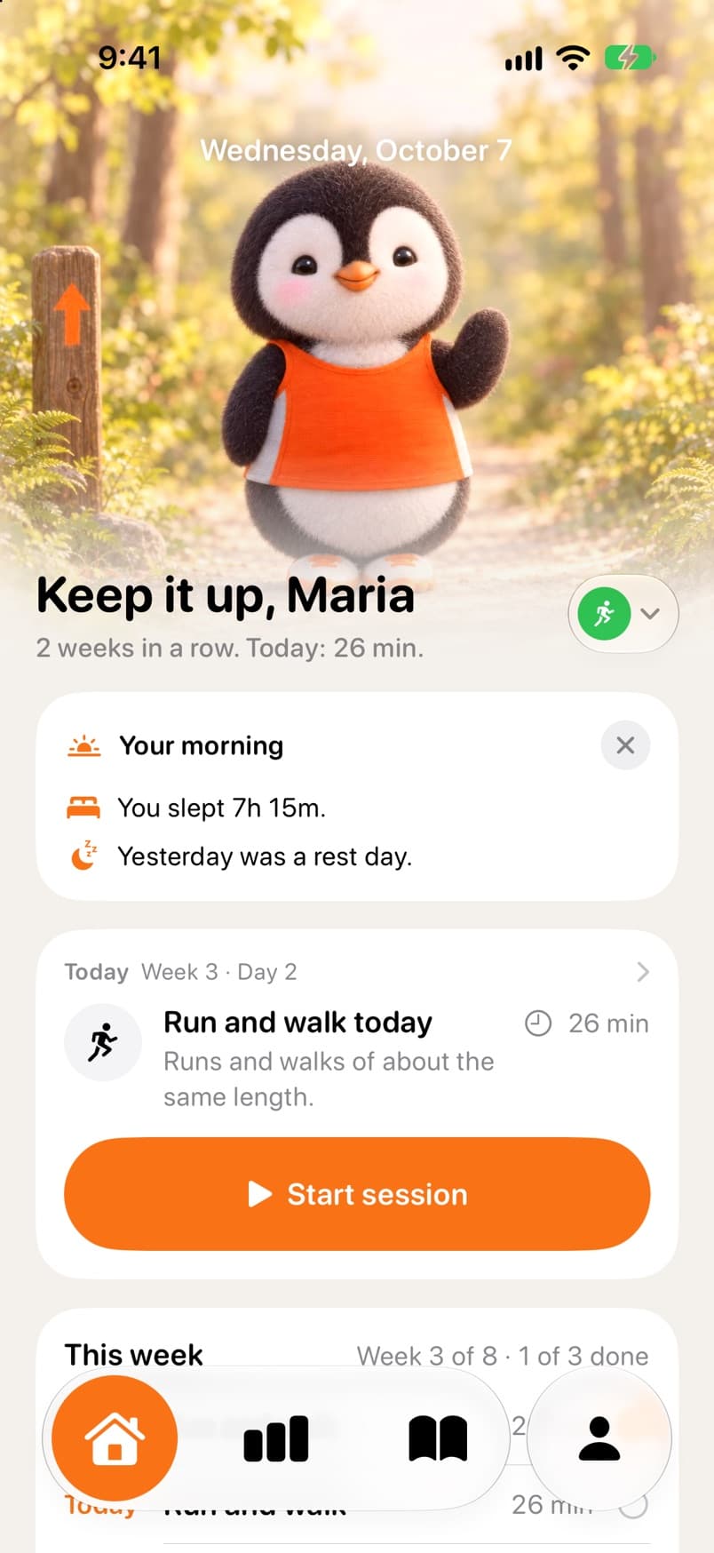 Just5K home screen: the penguin, a morning note, today's run-walk session with a Start session button, and this week's three sessions