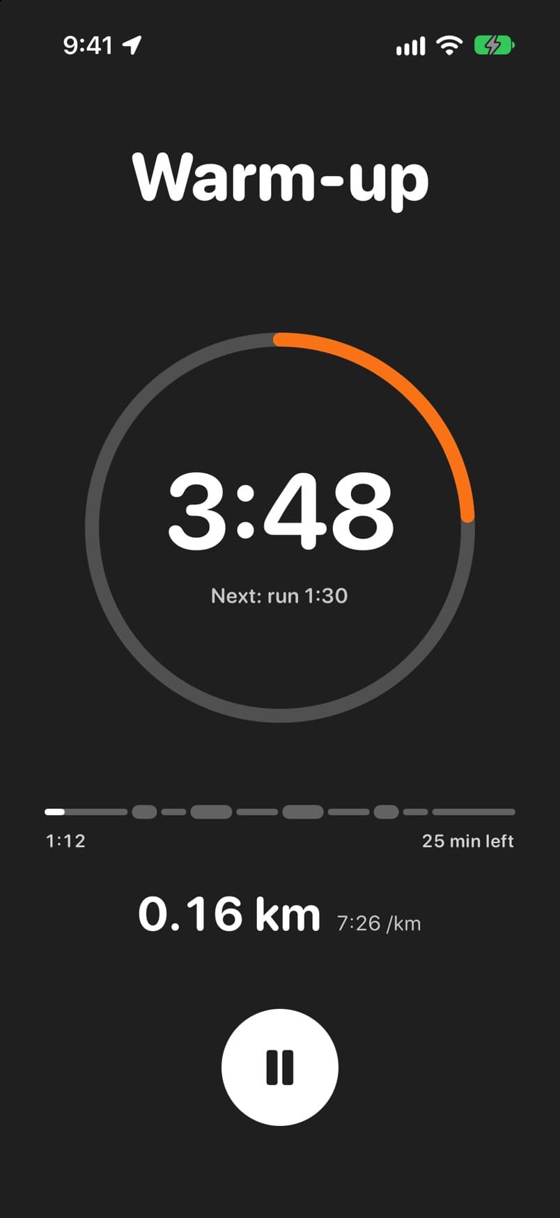 In-run player showing the warm-up timer, the next interval and distance