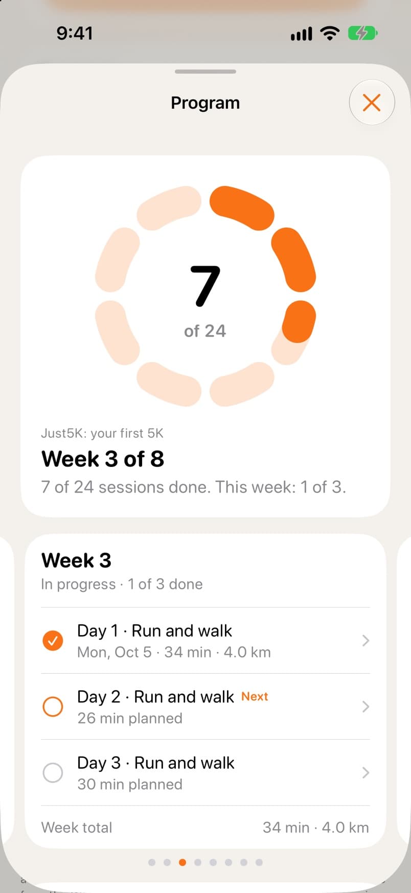 Program sheet: 7 of 24 sessions done, week 3 of 8, and this week's three sessions with one ticked off