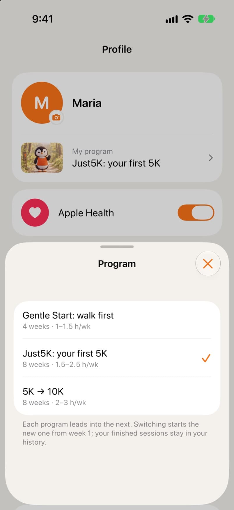 Program picker listing the three programs, each leading into the next: Gentle Start, Just5K and 5K to 10K