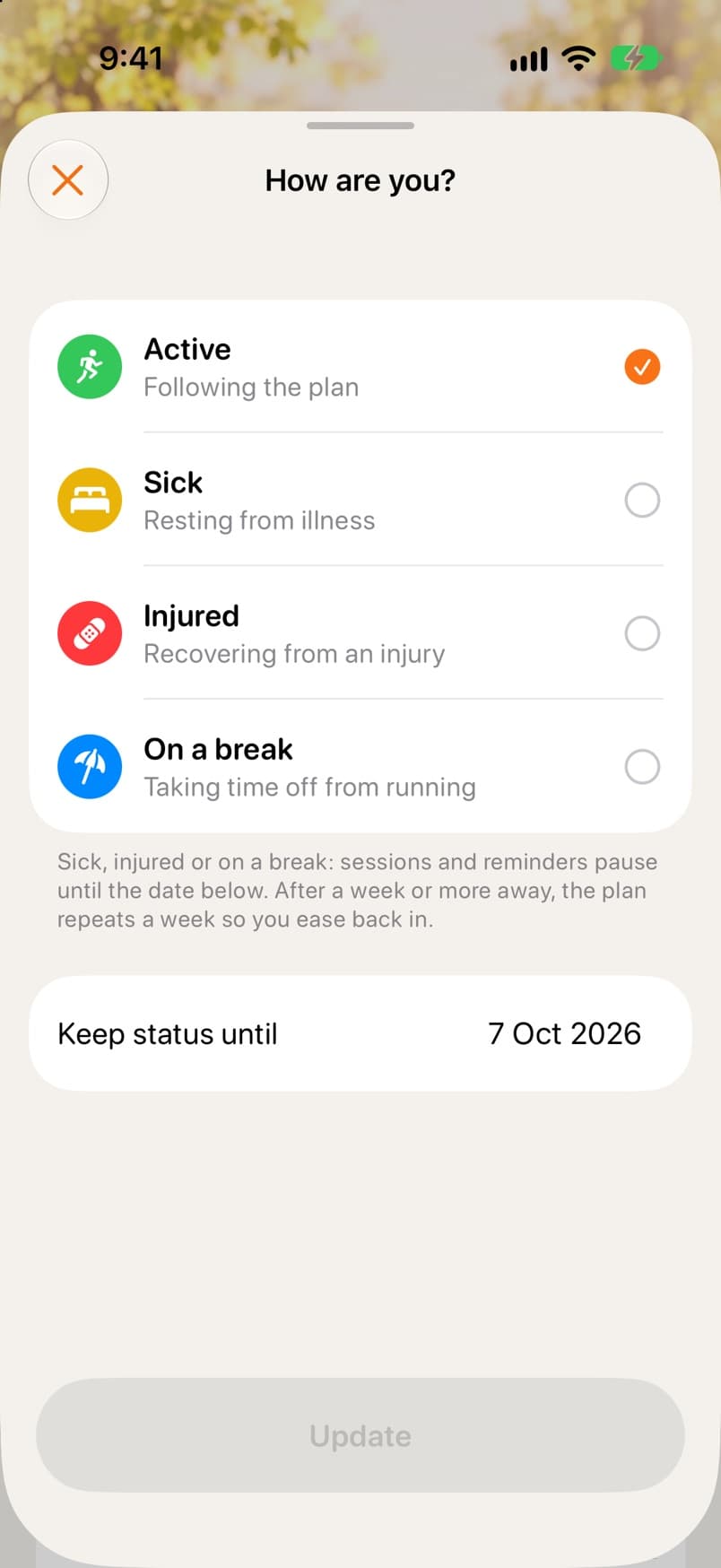 Status sheet asking how are you, with four choices: Active, Sick, Injured and On a break
